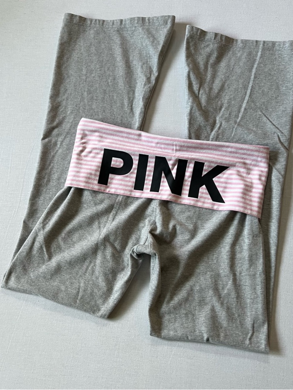 PINK Victoria’s Secret Grey & Pink Striped Foldover Flare Yoga Pants